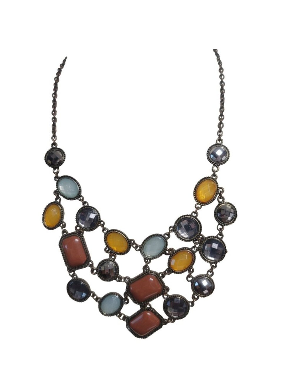 Multicolor Statement Bib Necklace With Faceted Stones & Antique Bronze Chain